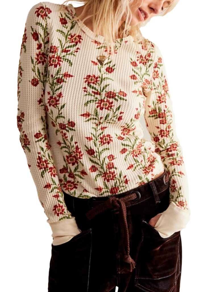 Free People Pretty Little Thermal slim-fit beige cotton top with printed details and thumbhole cuffs