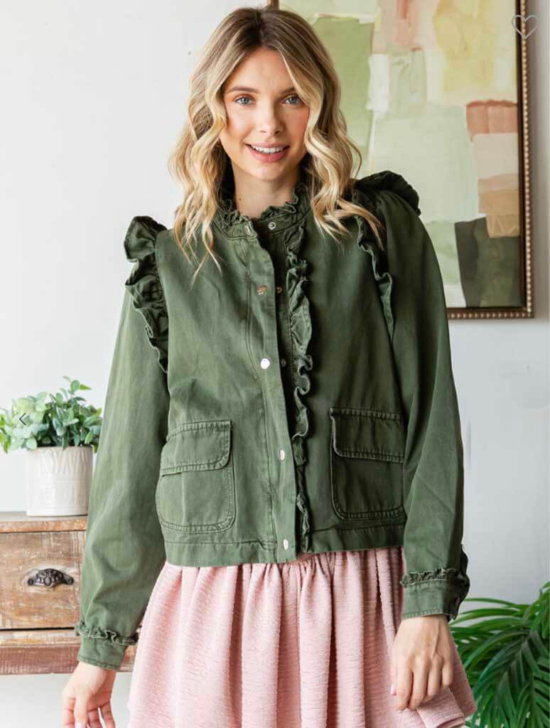 Veveret Ruffled Trim womenโs button up jacket with ruffle detail and cargo pockets