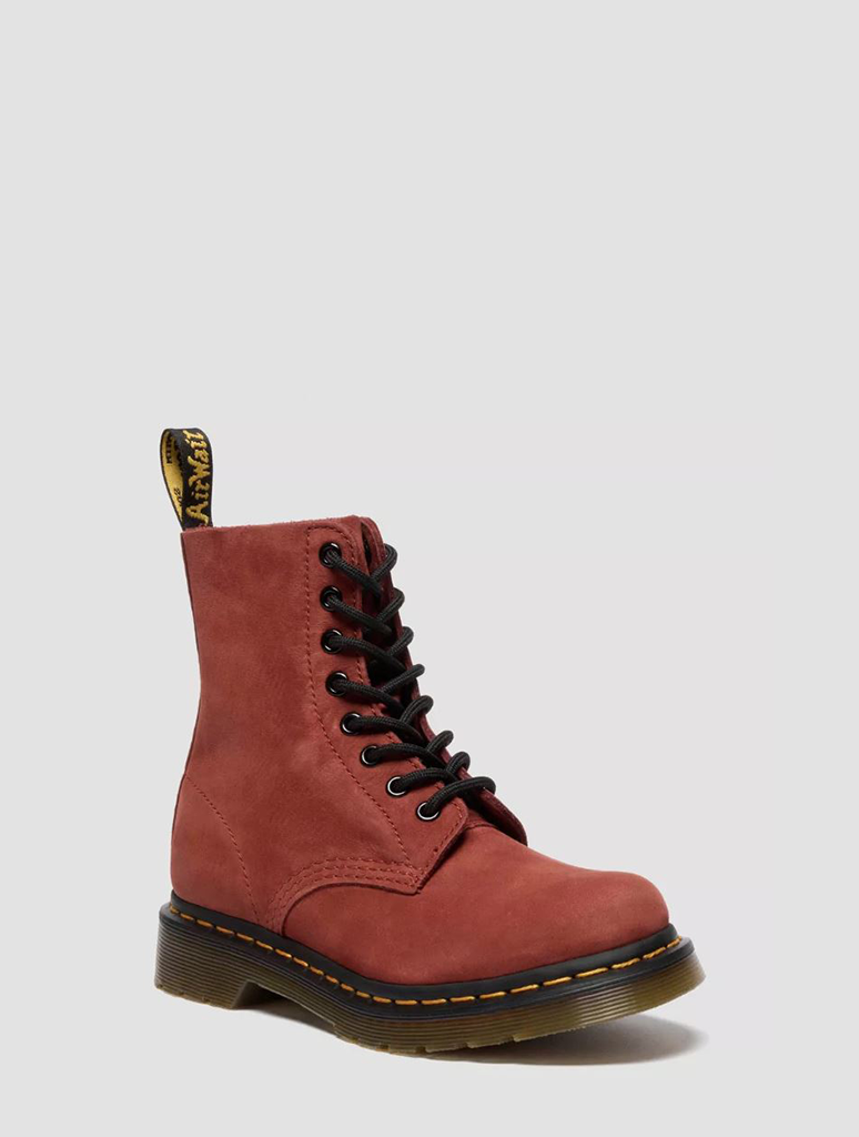 Dr. Martens 1460 Pascal Boot in soft black milled nubuck leather with classic yellow stitching and trans DMS sole