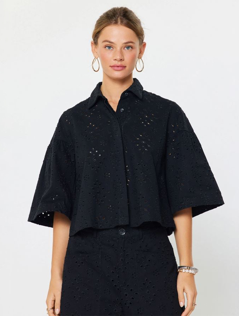 Eyelet Cropped Button Down Shirt Jacket
