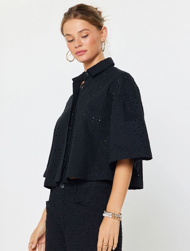 Eyelet Cropped Button Down Shirt Jacket