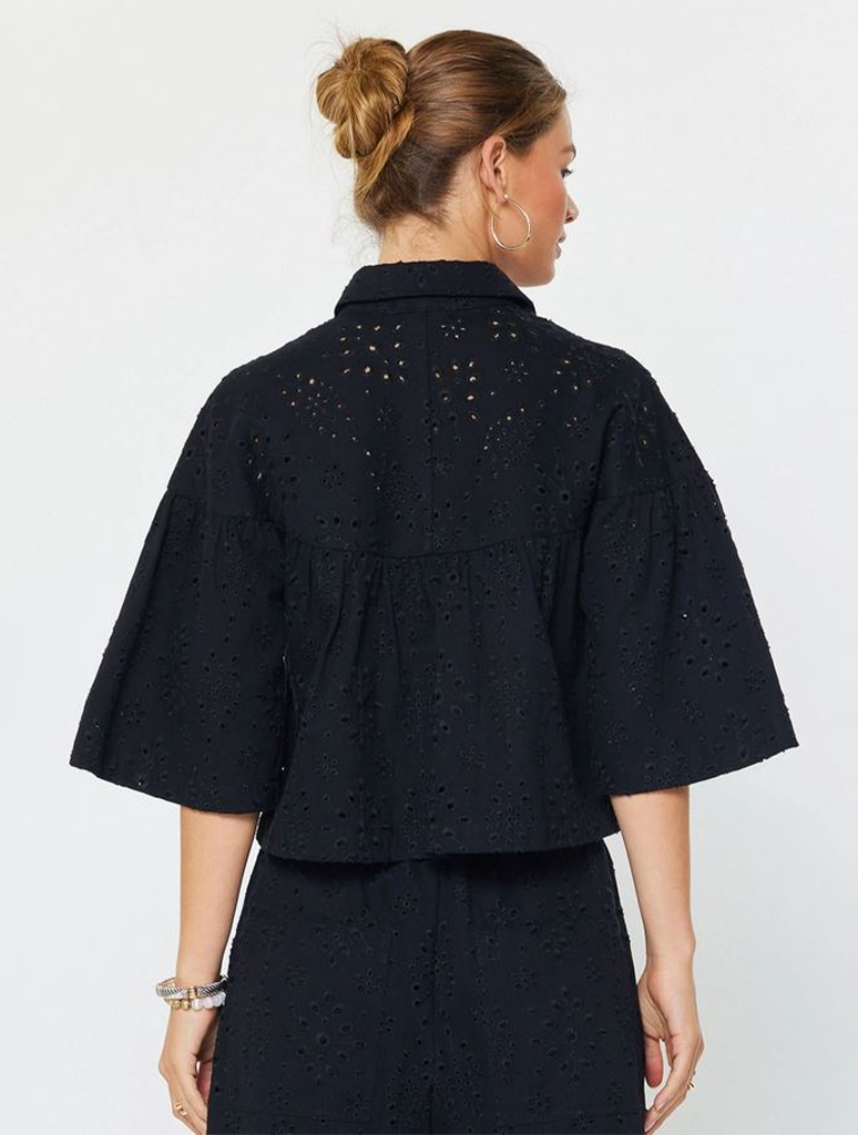 Eyelet Cropped Button Down Shirt Jacket