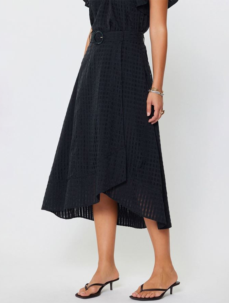 Gingham Asymmetric Belted Midi Skirt