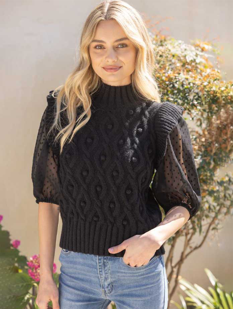 Cable Knit Sweater with Sheer Polkadot Sleeves