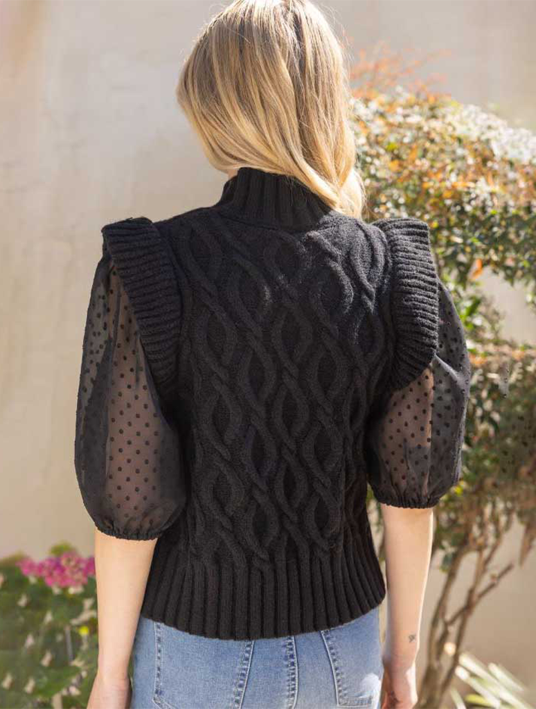 Cable Knit Sweater with Sheer Polkadot Sleeves