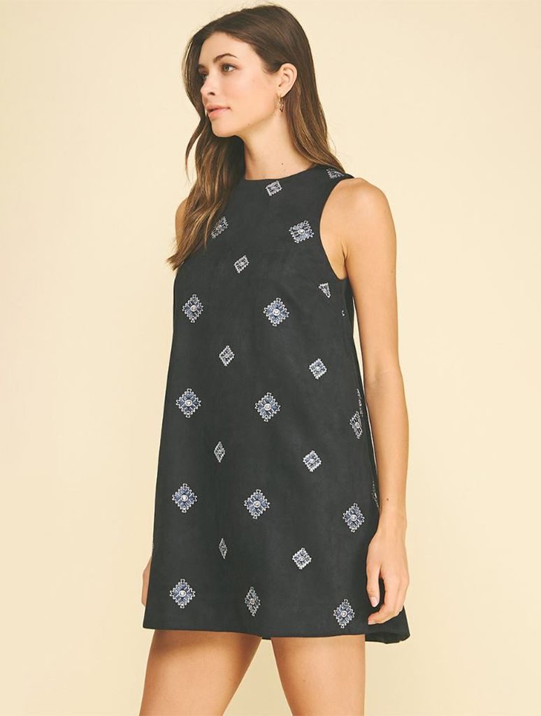 Embroidered Suede A-Line Mini Dress