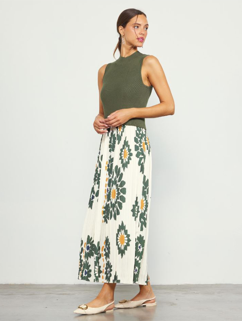 Printed Pleated Midi Dress