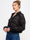 Sheer Long Sleeve Chevron Button Down Top