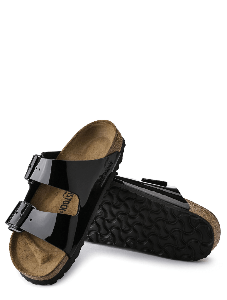 Front view of Birkenstock Arizona Sandal in Black Patent Birko-Flor