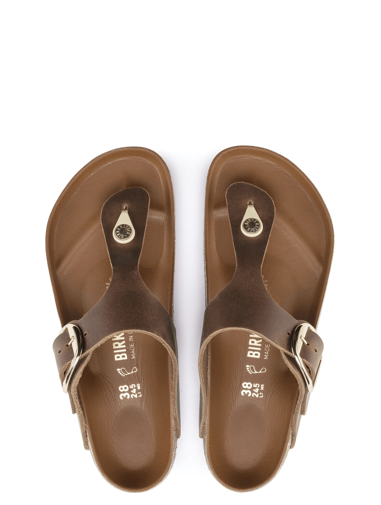 Top view of Birkenstock Gizeh Big Buckle in Cognac Oiled Leather