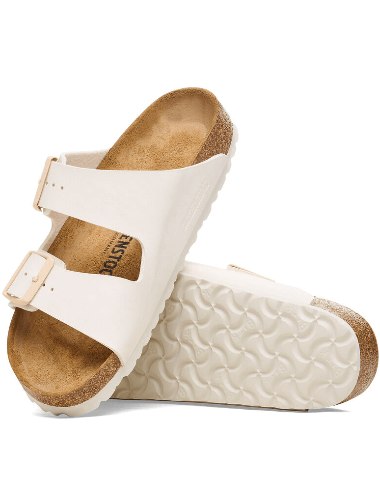 Side view of Birkenstock Arizona Sandal in Eggshell Birko-Flor front