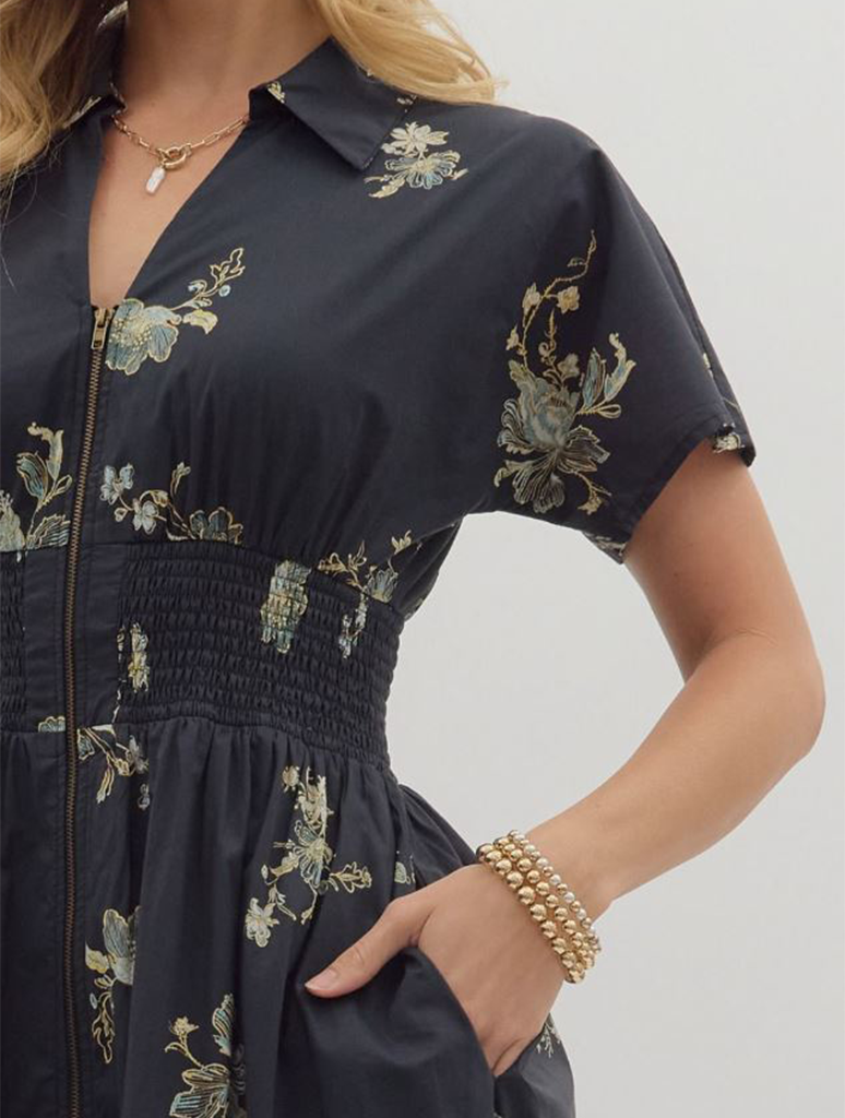 Floral Print Zip Front Short Sleeve Dress