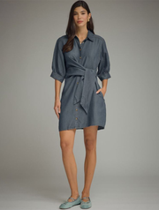 3/4 Sleeve Denim Mini Dress with Self-Tie Waist Detail
