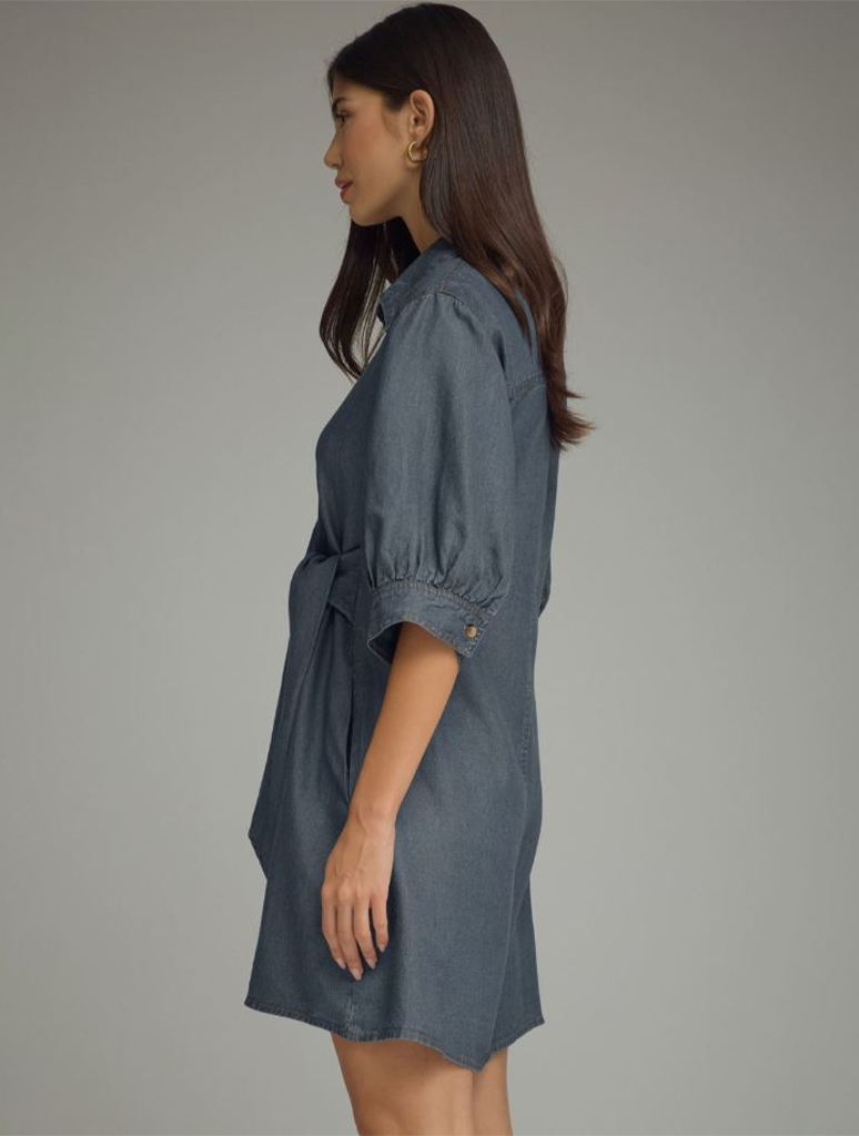 3/4 Sleeve Denim Mini Dress with Self-Tie Waist Detail