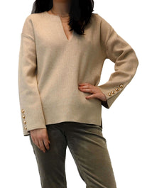 Slit V-Neck Sweater with Gold Button Cuff