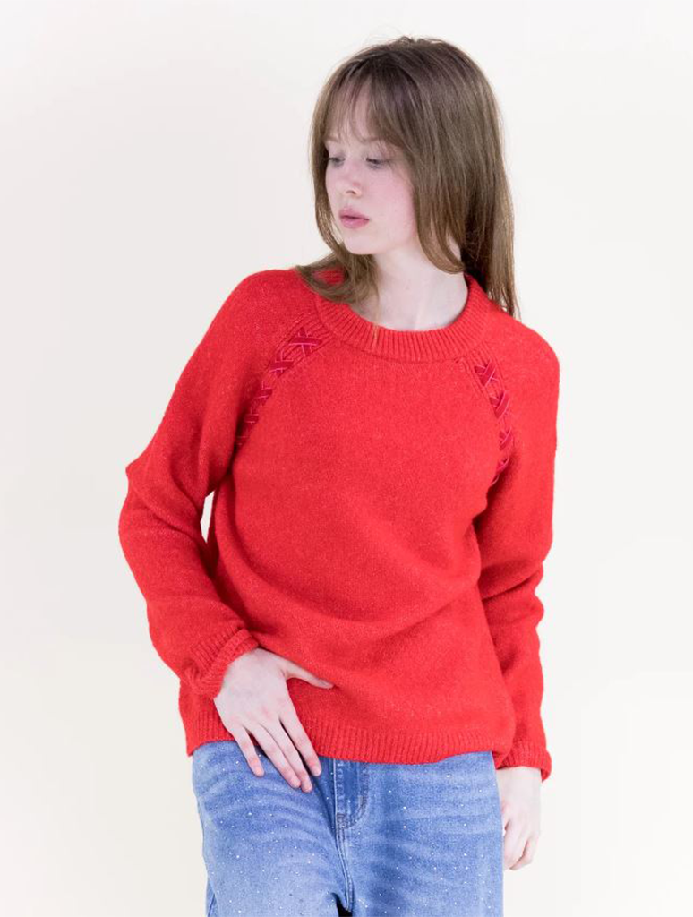 Raglan Shoulder Lace-Up Pullover Sweater