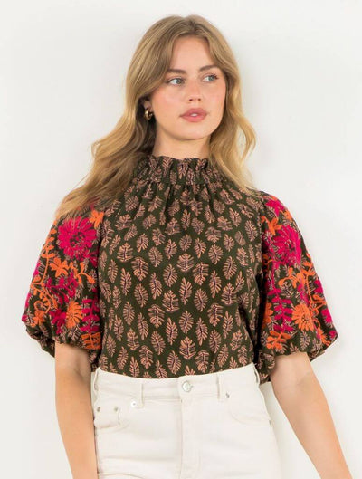 Embroidered Puff Sleeve Print Top