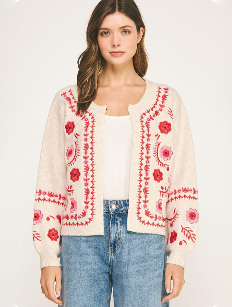 Knit Cardigan With Floral Embroidery