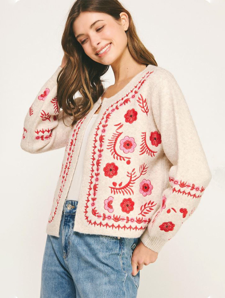 Knit Cardigan With Floral Embroidery