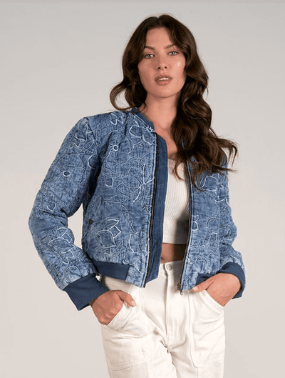 Denim Quilted Bomber Jacket in Navy