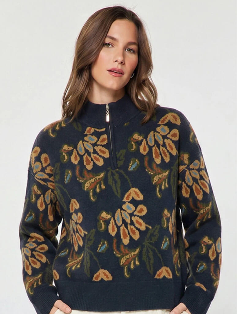Jacquard Pattern Half Zip-Up Sweater