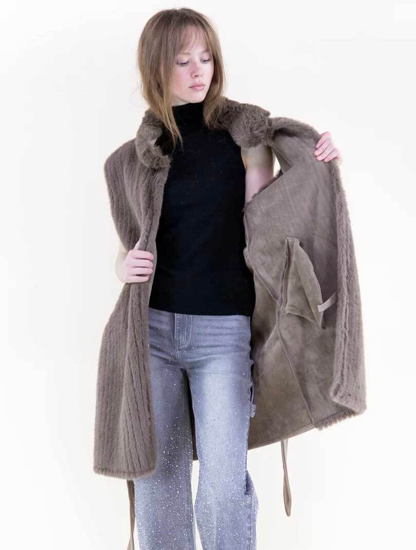 Vertical Ribbed Faux Fur Belted Vest