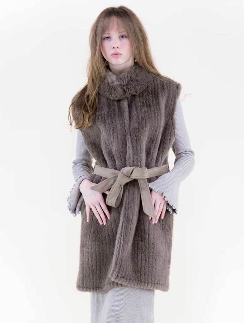 Vertical Ribbed Faux Fur Belted Vest