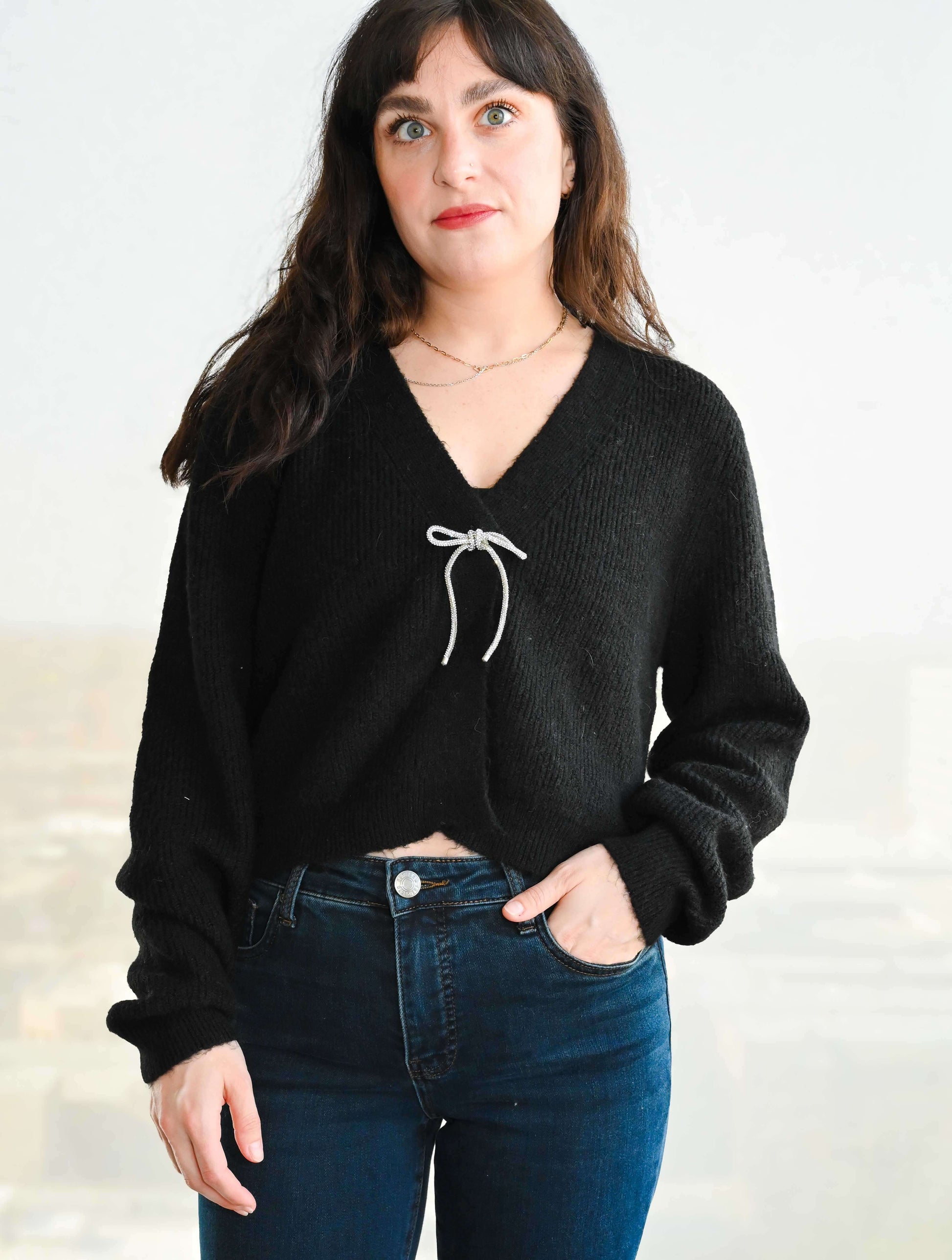 Ghana V-Neck Cardigan with Silver Bow