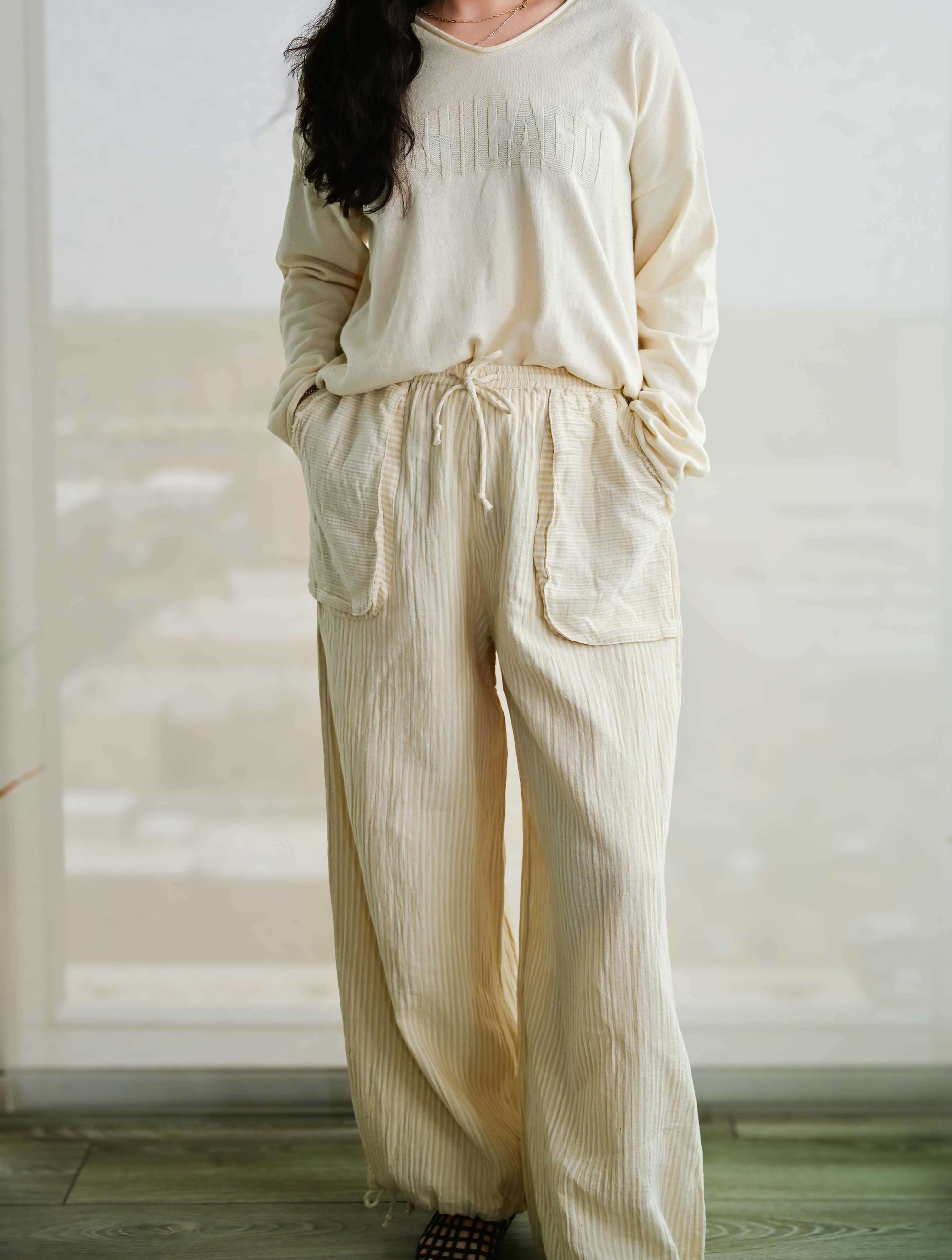Ginny Double Weave Stripe Gauze Pull On Pants