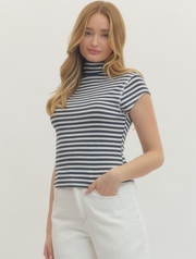 Striped Mock Neck Short Sleeve Tee