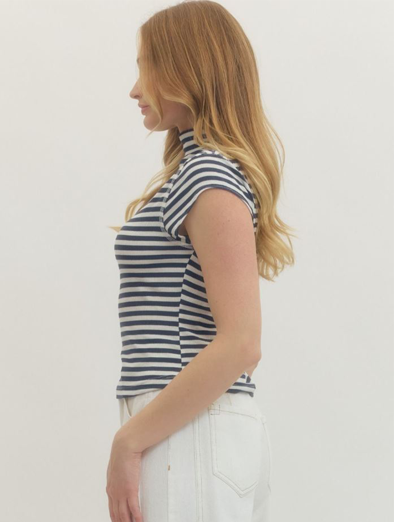 Striped Mock Neck Short Sleeve Tee