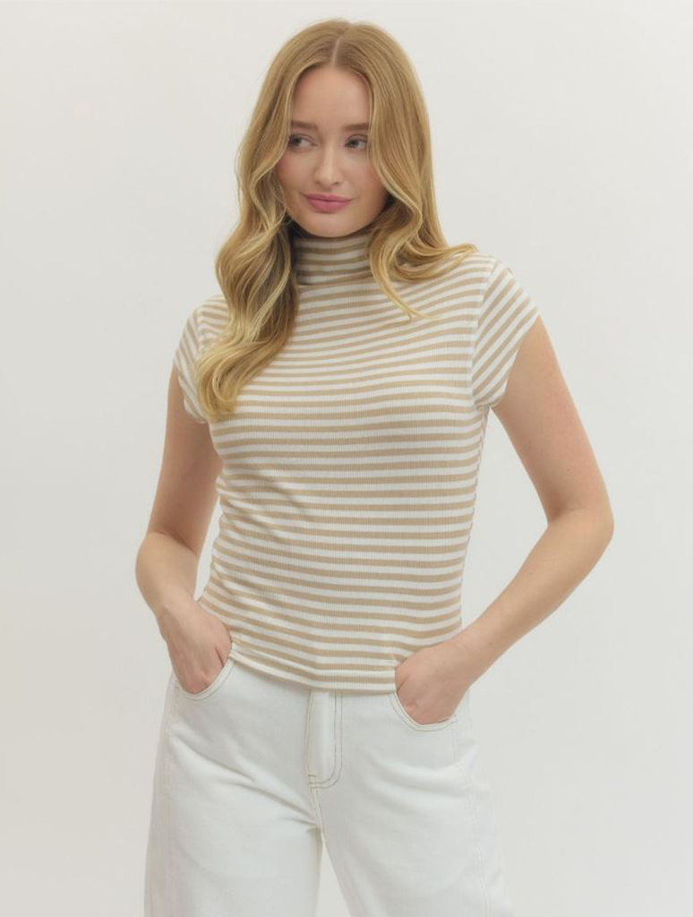 Striped Mock Neck Short Sleeve Tee