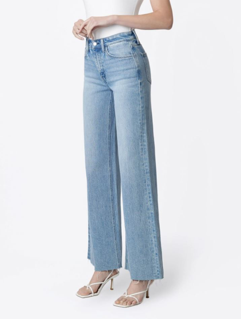 High Rise Clean Cut Raw Hem Wide Jeans