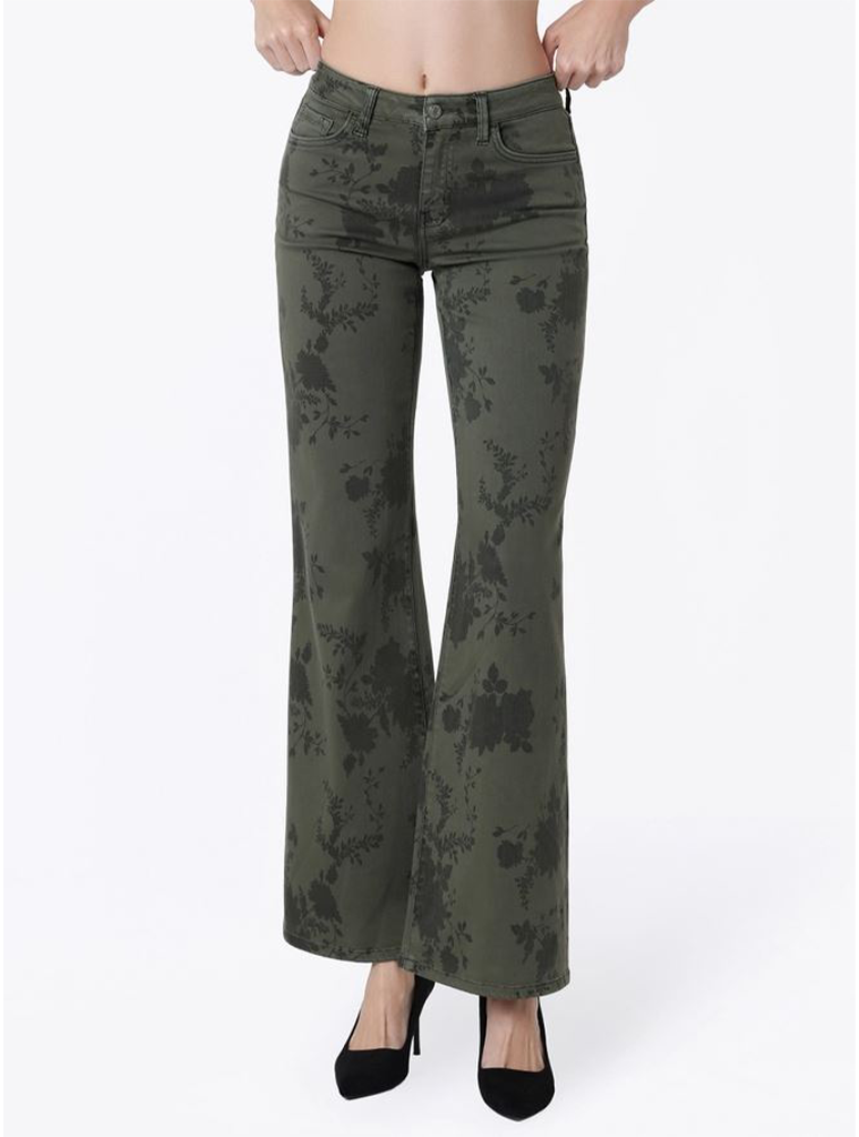 Mid Rise Green Floral Print Vintage Flare Jeans