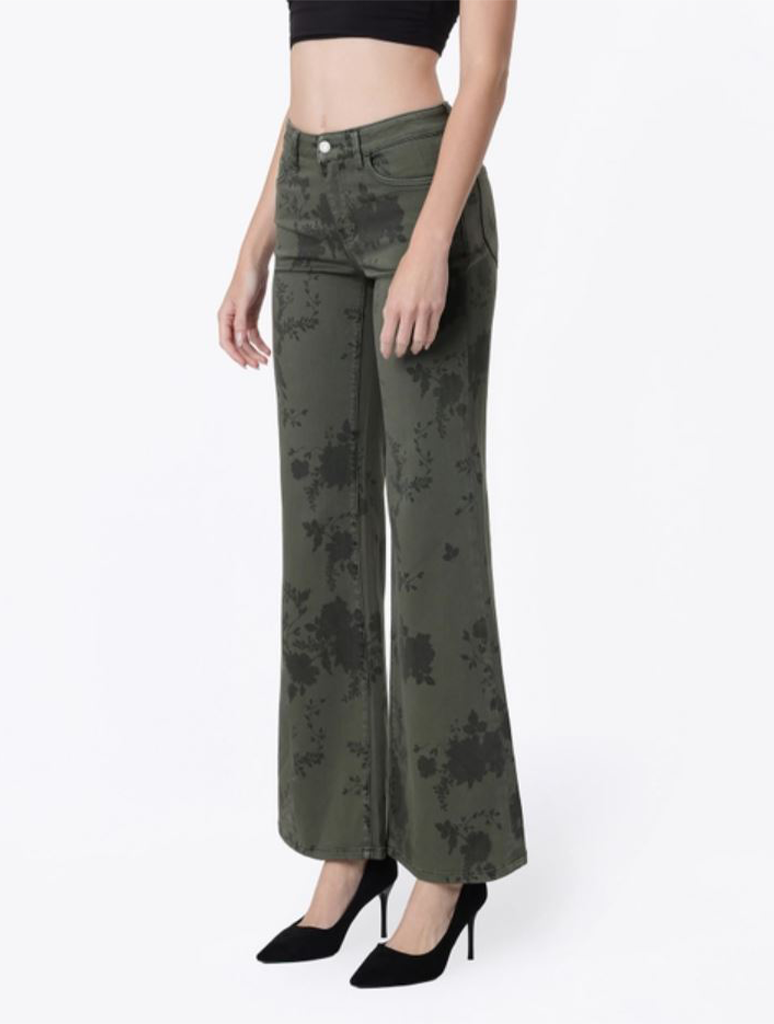 Mid Rise Green Floral Print Vintage Flare Jeans