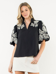 Embroidered Puff Sleeve Textured Top