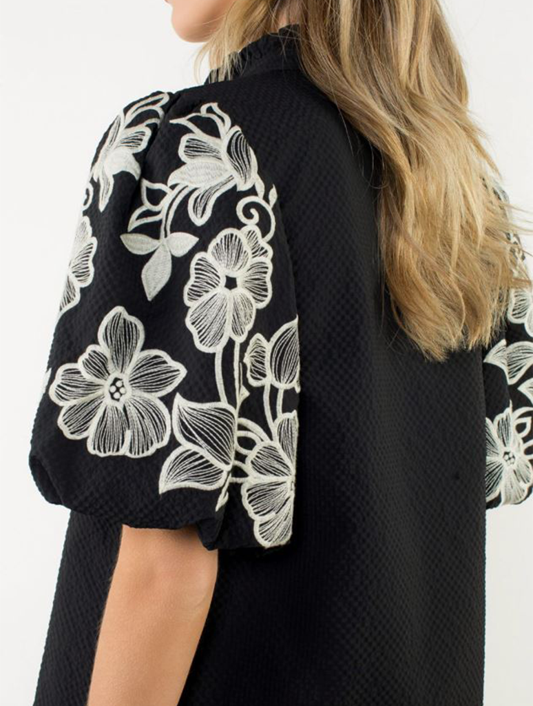 Embroidered Puff Sleeve Textured Top