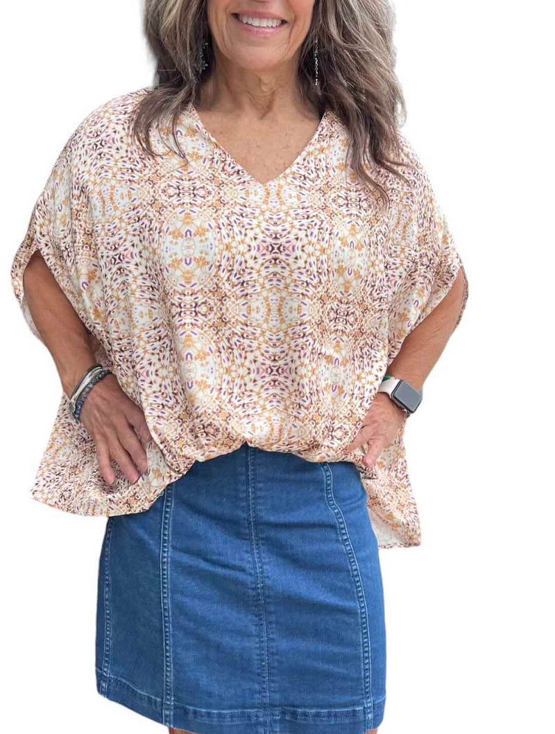 Satin Kaleidoscopic Print V-Neck Top