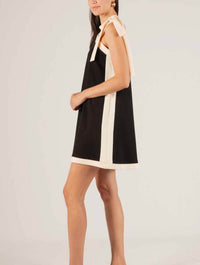 Tie Shoulder Contrast Dress in Black/Eggshell