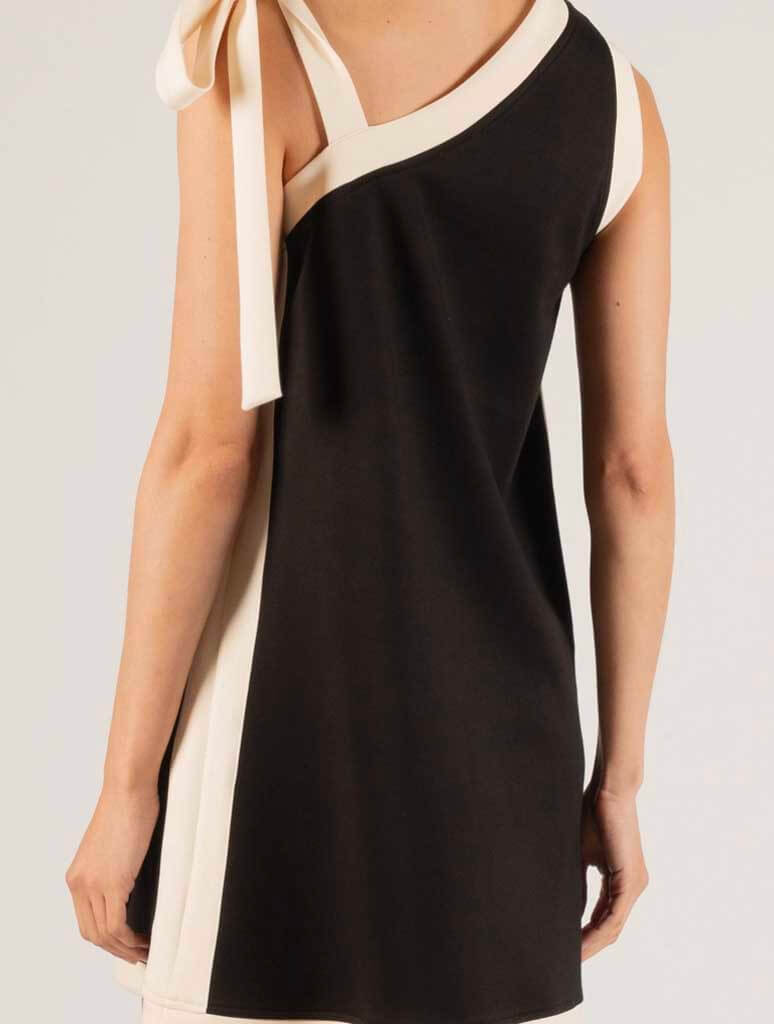 Tie Shoulder Contrast Dress in Black/Eggshell