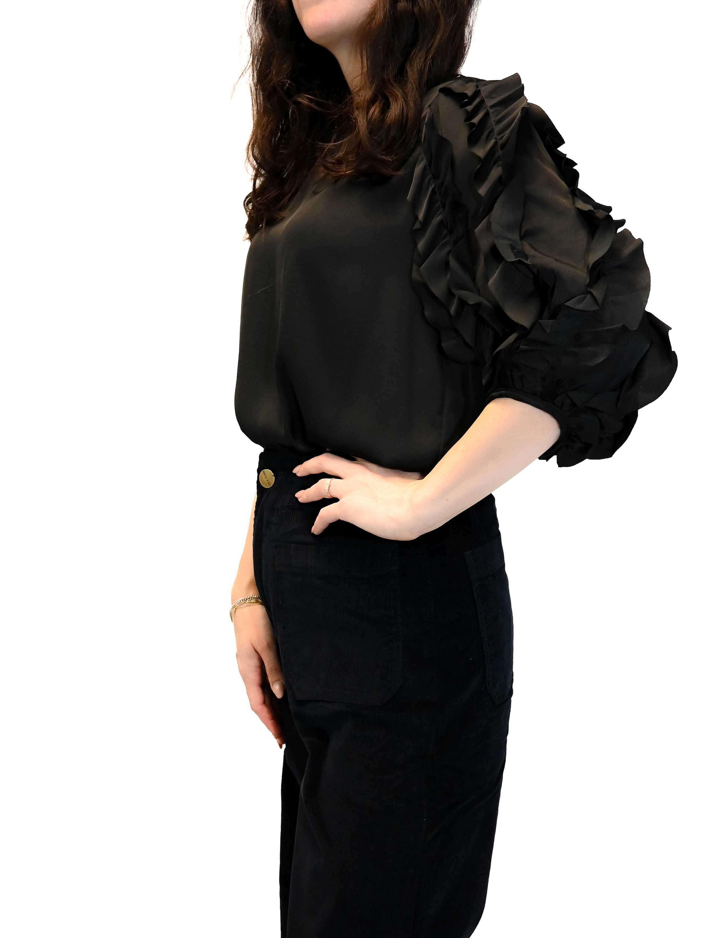 Silky Satin Ruffle Trip 3/4 Sleeve Top