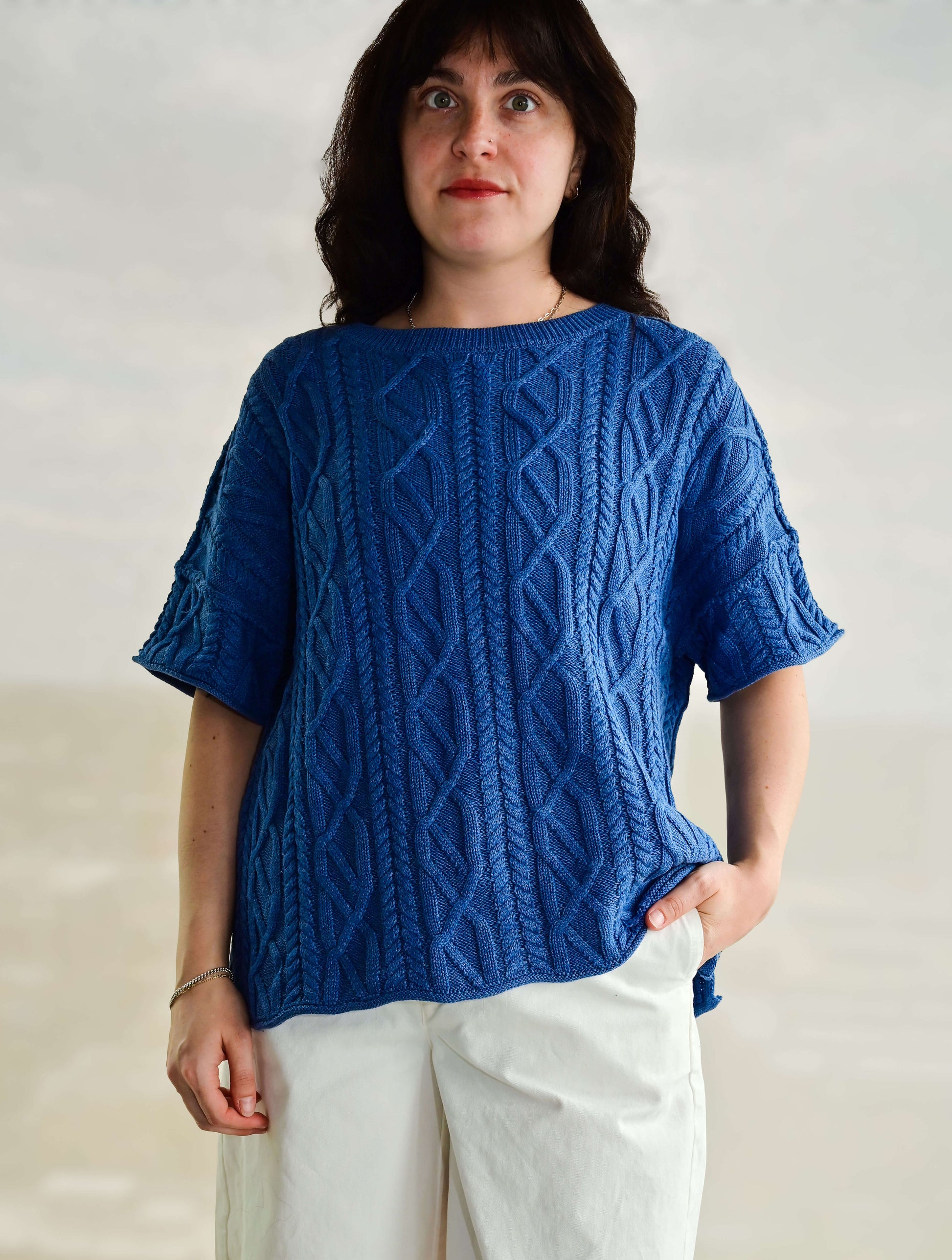 Short Sleeve Crew Neck Cable Knit Sweater Top