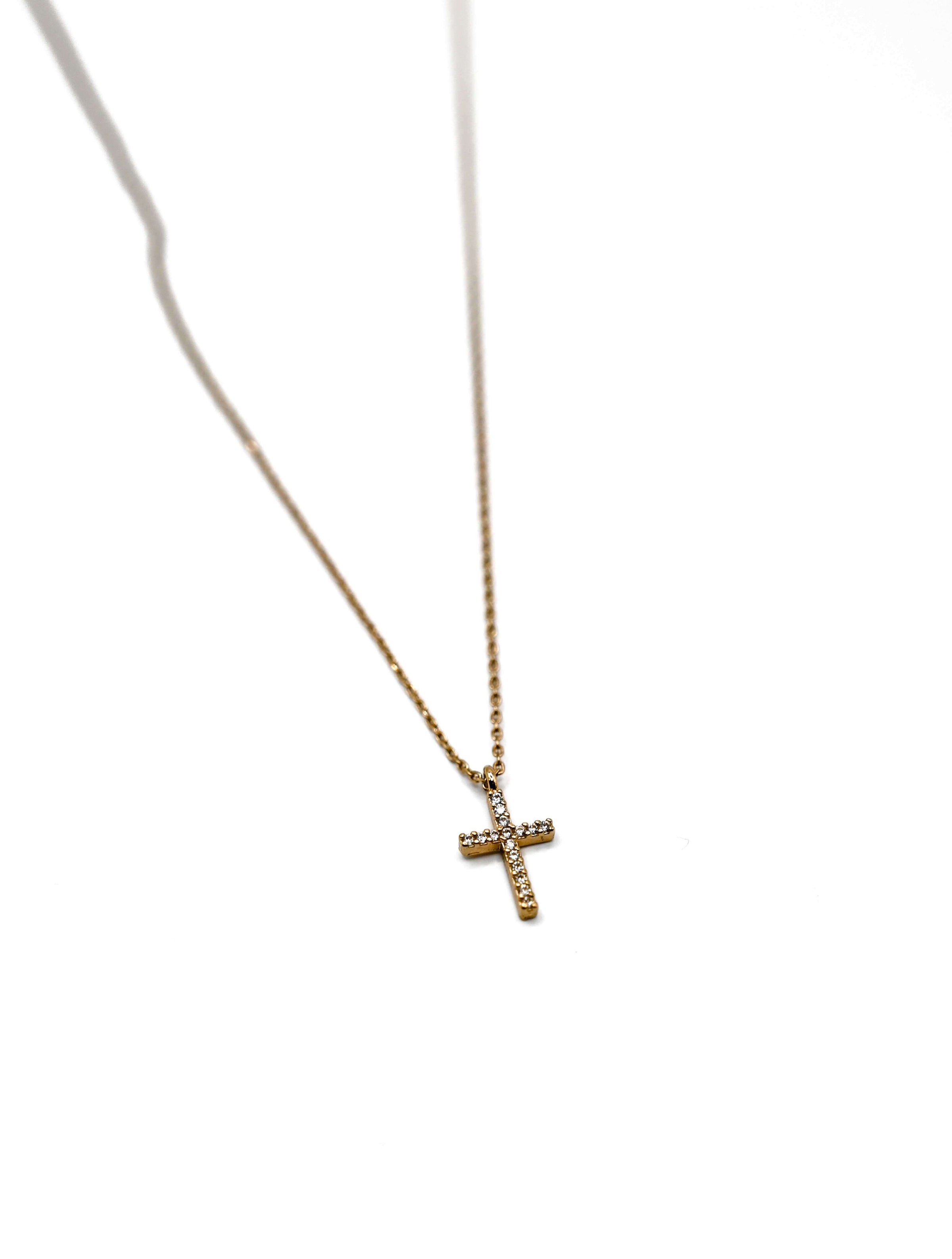 Stainless Steel Mini Pave Cross Necklace in Gold