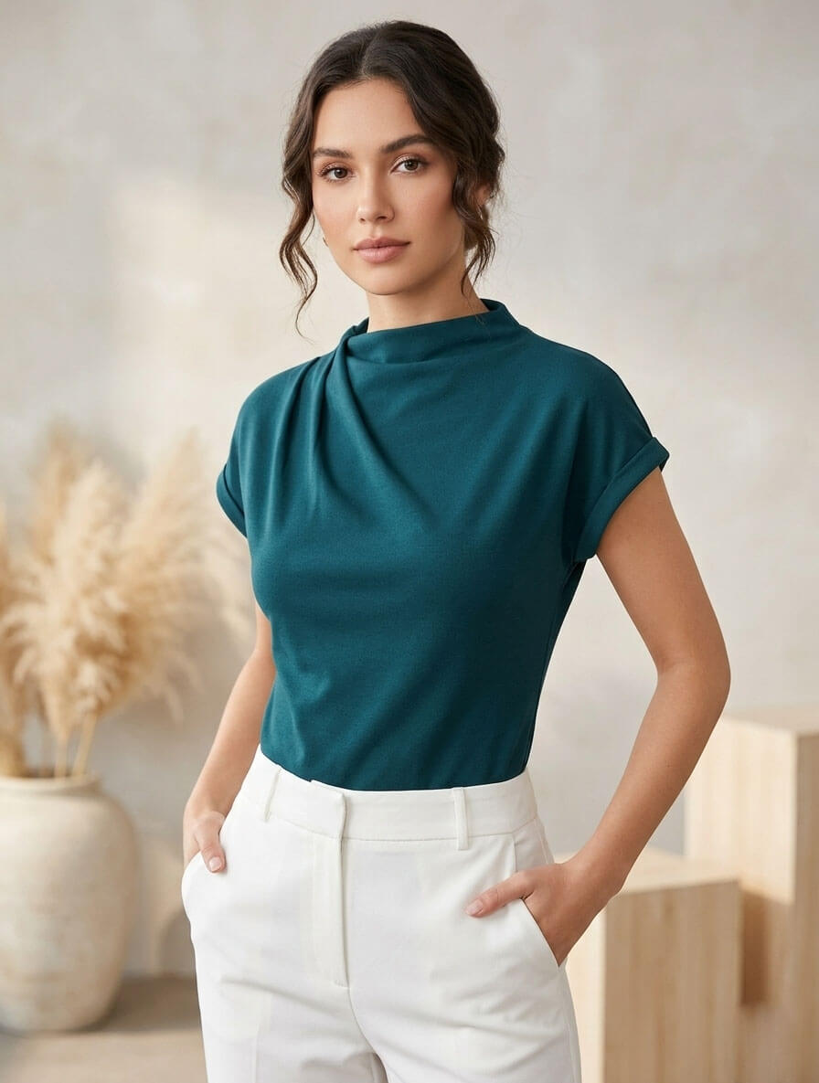 Mock Neck Short Sleeve Knit Top