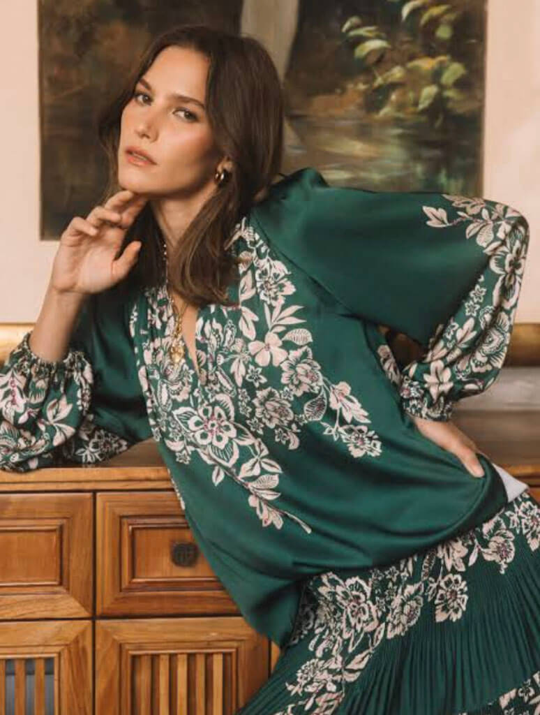 Split Neck Pleated Detail Long Sleeve Blouse