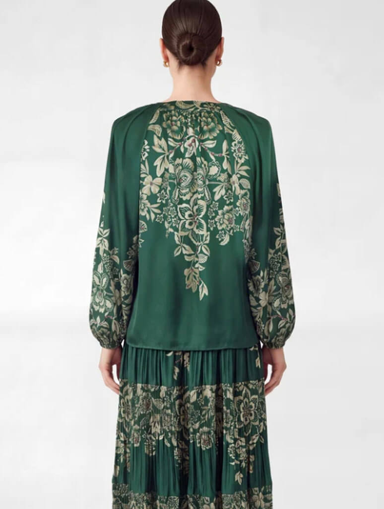 Split Neck Pleated Detail Long Sleeve Blouse
