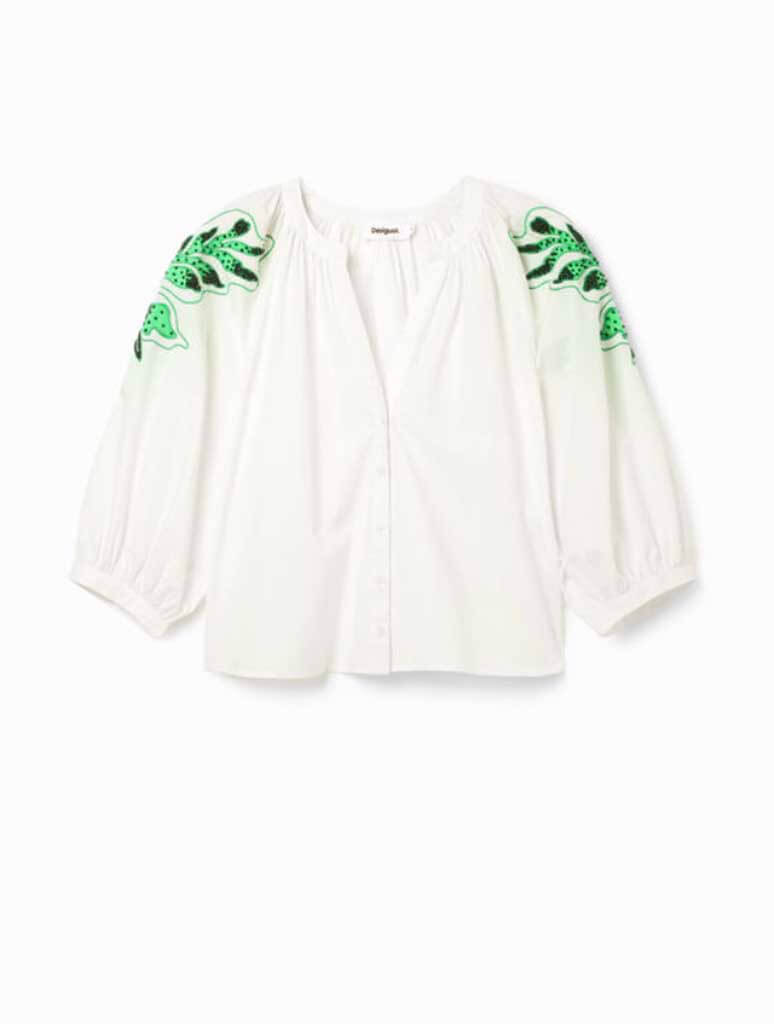 Desigual V-neck Embroidered 3/4 Sleeve Blouse in White