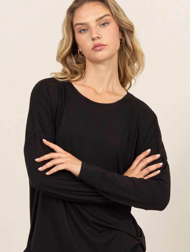 Round Neck Long Sleeve Top with Curved Hem