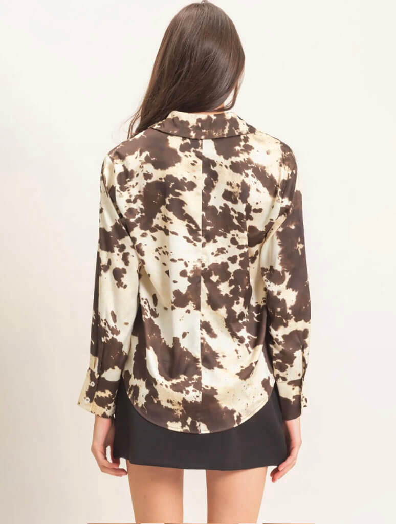 Satin Cow Print Button-Up Shirt