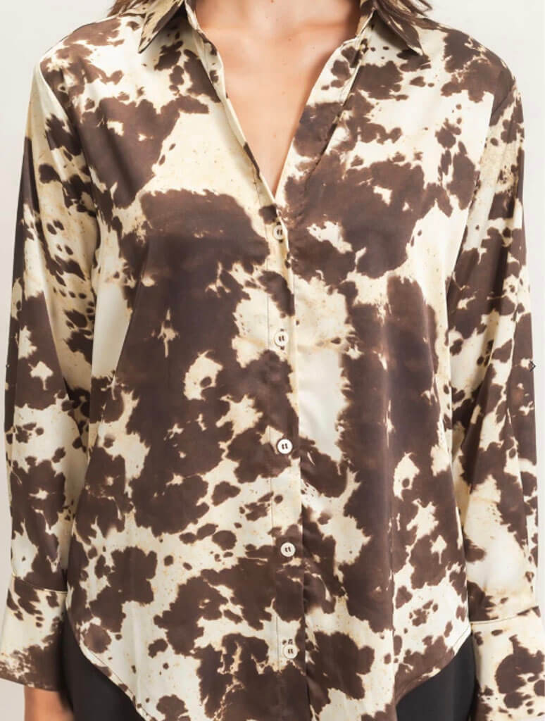 Satin Cow Print Button-Up Shirt